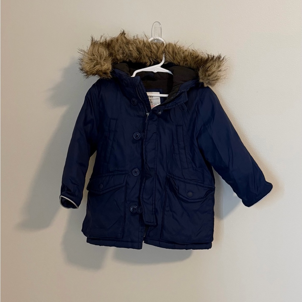 GAP Kids Navy Puffer Jacket with Faux Fur Hood